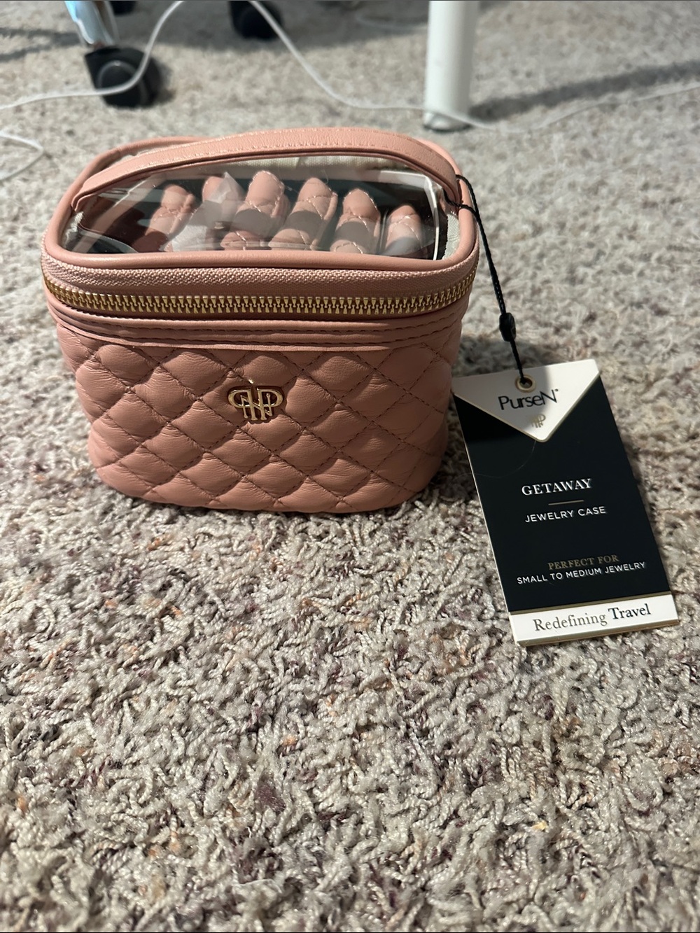 PurseN Quilted Jewelry Travel Case in Blush Pink with Gold Accents